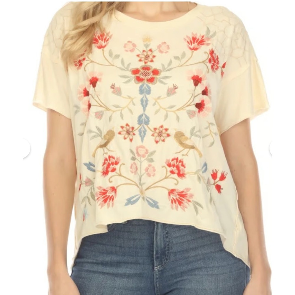 Johnny Was T-Shirt XL Cream Floral Bird Embroidered Boho Chic Cottagecore Folk